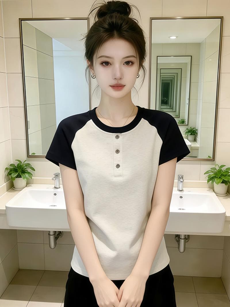 여성 의류 배색 반팔 티셔츠 여름 몸매 가꾸기 슬림해 보이는 패션 다용도 연령 감소 그레이트 봐 의류 이미지 4