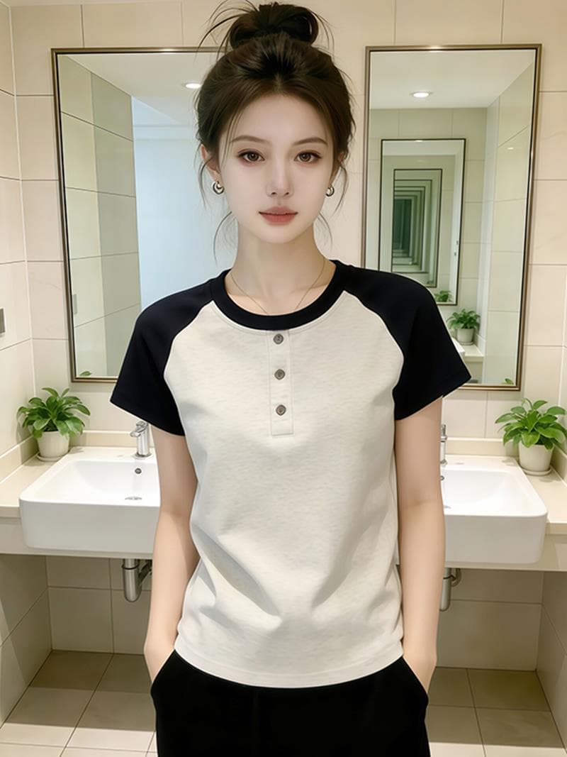여성 의류 배색 반팔 티셔츠 여름 몸매 가꾸기 슬림해 보이는 패션 다용도 연령 감소 그레이트 봐 의류 이미지 2