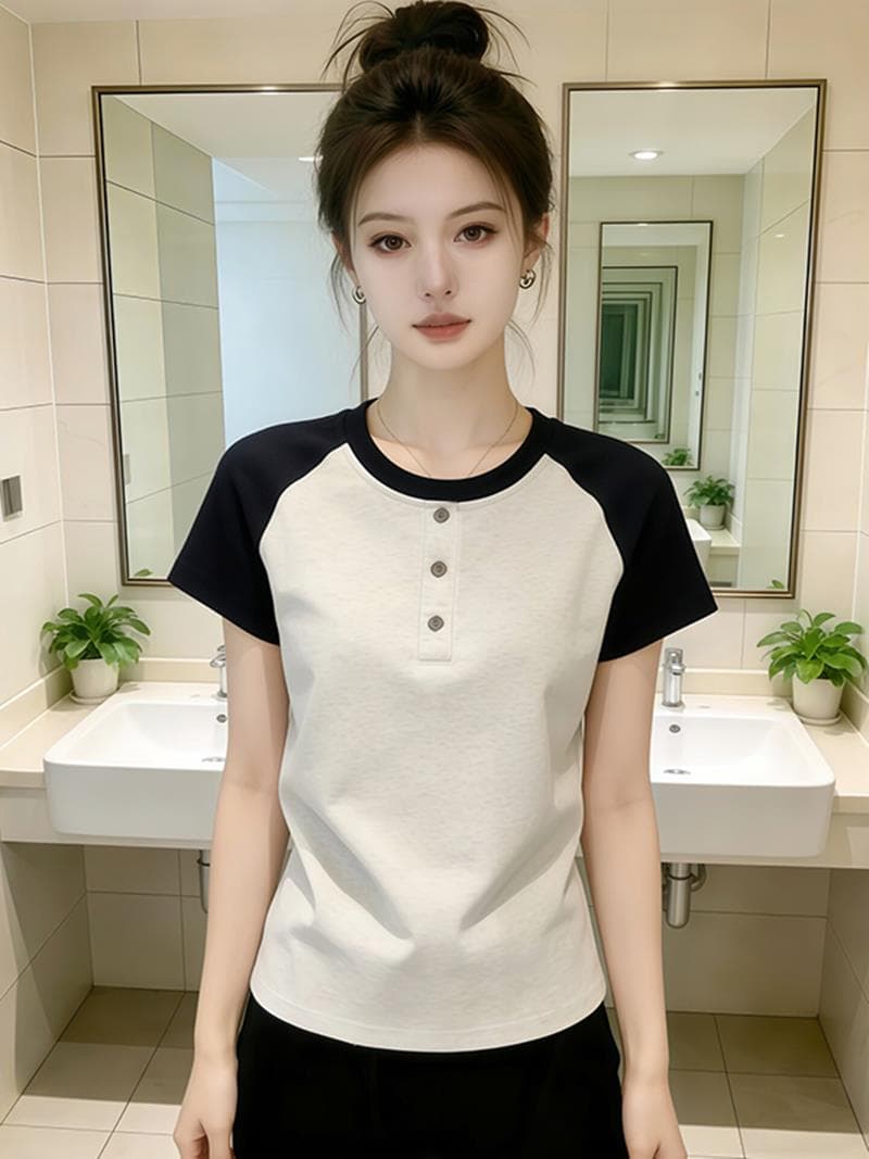 여성 의류 배색 반팔 티셔츠 여름 몸매 가꾸기 슬림해 보이는 패션 다용도 연령 감소 그레이트 봐 의류 상세 이미지 3