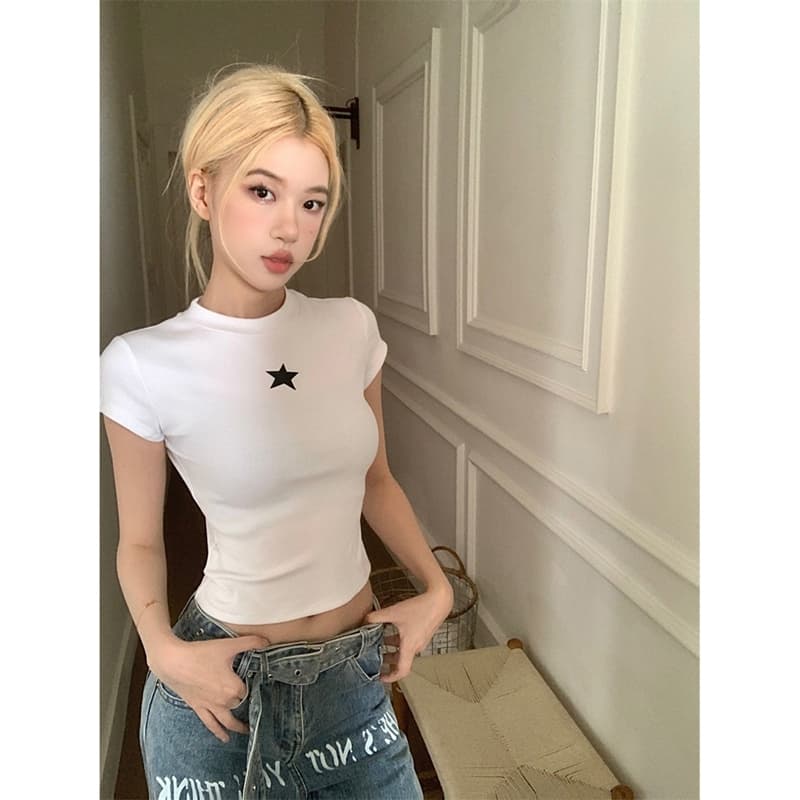 아메리칸 레트로 별 긍정적 인 어깨 반팔 티셔츠 여성 여름 디자인 센스 작은 대중 몸매 가꾸기 슬림해 보이는 핫걸 쇼트 스타일 맨위 상세 이미지 1