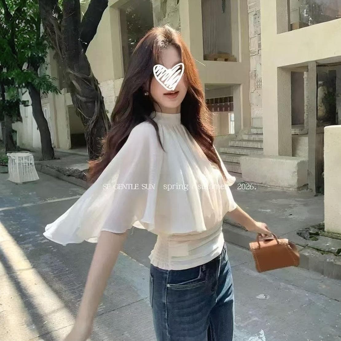 프랑스식 부드러운 바람 품격 라운드 넥 망토 시폰 셔츠 여성 배트윙 소매 작은 대중 외국 가스 허리 수축 슬림해 보이는 맨위 여름