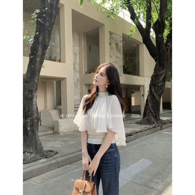 프랑스식 부드러운 바람 품격 라운드 넥 망토 시폰 셔츠 여성 배트윙 소매 작은 대중 외국 가스 허리 수축 슬림해 보이는 맨위 여름 이미지 2