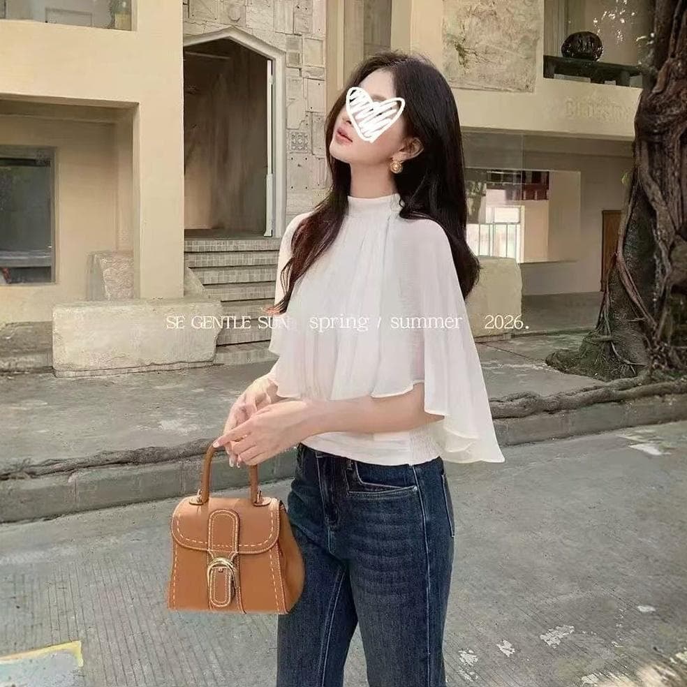 프랑스식 부드러운 바람 품격 라운드 넥 망토 시폰 셔츠 여성 배트윙 소매 작은 대중 외국 가스 허리 수축 슬림해 보이는 맨위 여름 상세 이미지 2
