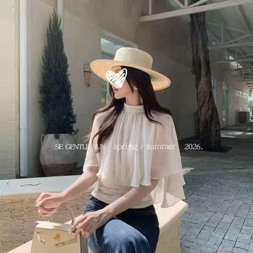 프랑스식 부드러운 바람 품격 라운드 넥 망토 시폰 셔츠 여성 배트윙 소매 작은 대중 외국 가스 허리 수축 슬림해 보이는 맨위 여름 상세 이미지 3