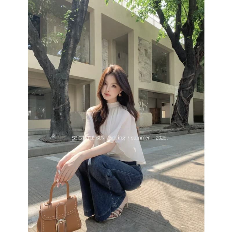 프랑스식 부드러운 바람 품격 라운드 넥 망토 시폰 셔츠 여성 배트윙 소매 작은 대중 외국 가스 허리 수축 슬림해 보이는 맨위 여름 상세 이미지 5