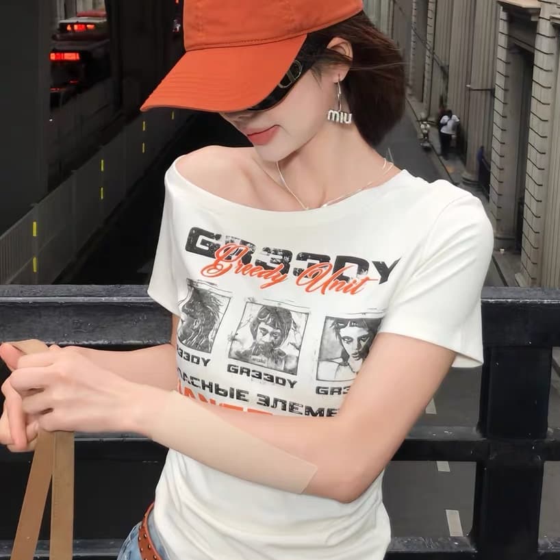 아메리칸 레트로 비스듬한 어깨 티셔츠 여성 여름 몸매 가꾸기 슬림해 보이는 핫걸 y2k 천년기 프린트 반팔 맨위 상세 이미지 1