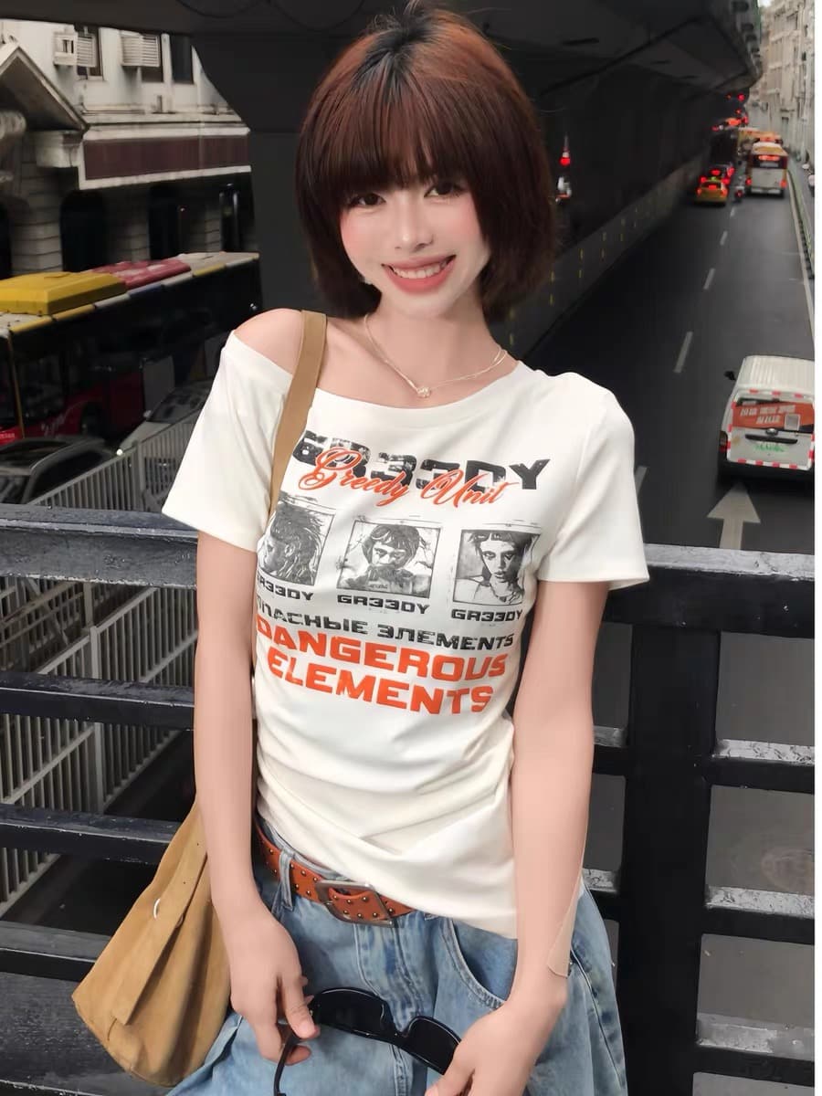 아메리칸 레트로 비스듬한 어깨 티셔츠 여성 여름 몸매 가꾸기 슬림해 보이는 핫걸 y2k 천년기 프린트 반팔 맨위 상세 이미지 3