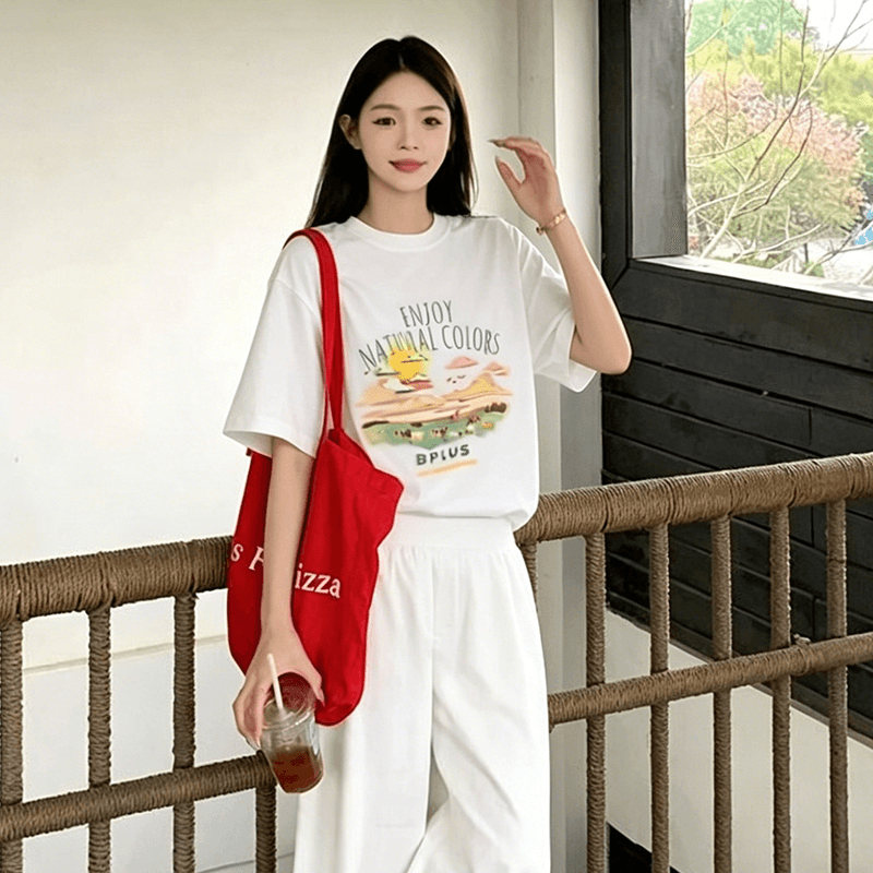 한 부서 귀여운 만화 프린트 화이트 반팔 티셔츠 여성 여름 느긋한 센스 다용도 맨위 이미지 4