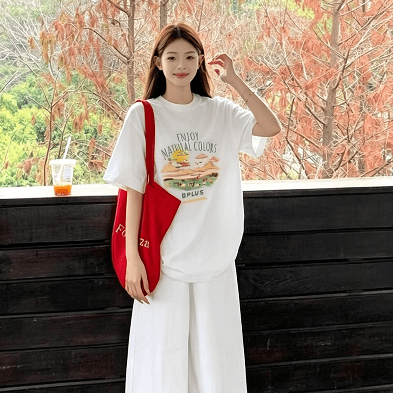한 부서 귀여운 만화 프린트 화이트 반팔 티셔츠 여성 여름 느긋한 센스 다용도 맨위 상세 이미지 2