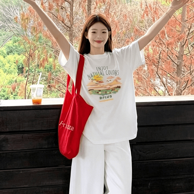 한 부서 귀여운 만화 프린트 화이트 반팔 티셔츠 여성 여름 느긋한 센스 다용도 맨위 상세 이미지 4