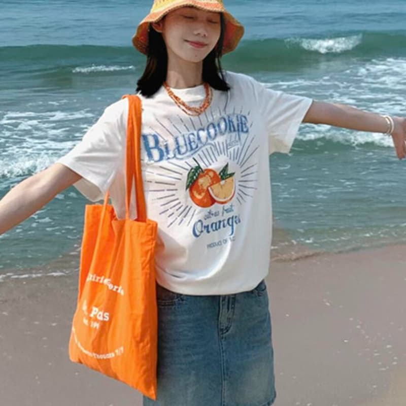 한 부서 달콤함 과일 프린트 라운드 넥 반팔 티셔츠 여성 여름 루즈핏 슬림해 보이는 캐주얼 다용도 디자인 센스 맨위 상세 이미지 1