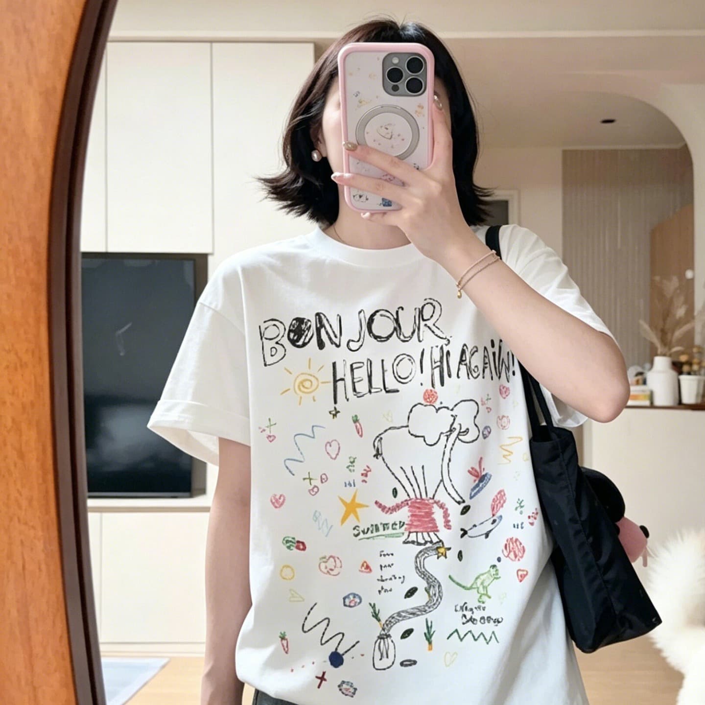 한국 스타일 재미있는 수채화 프린트 반팔 티셔츠 여성 여름 작은 대중 루즈핏 편안함 와 성별 자외선 차단 블라우스 이미지 5