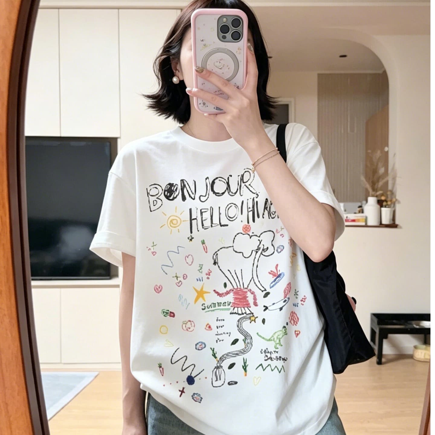 한국 스타일 재미있는 수채화 프린트 반팔 티셔츠 여성 여름 작은 대중 루즈핏 편안함 와 성별 자외선 차단 블라우스 상세 이미지 1