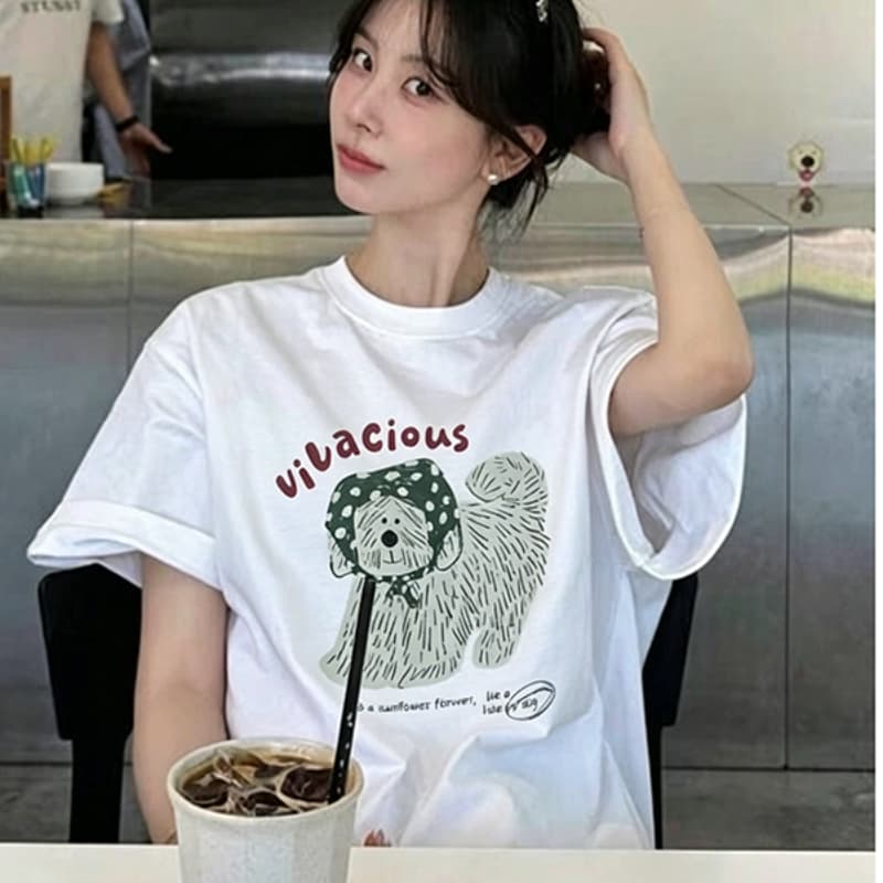 일본식 활력 연령 감소 머리띠 라인 개 알파벳 프린트 라운드 넥 반팔 티셔츠 여성 여름 순면 반소매 맨위