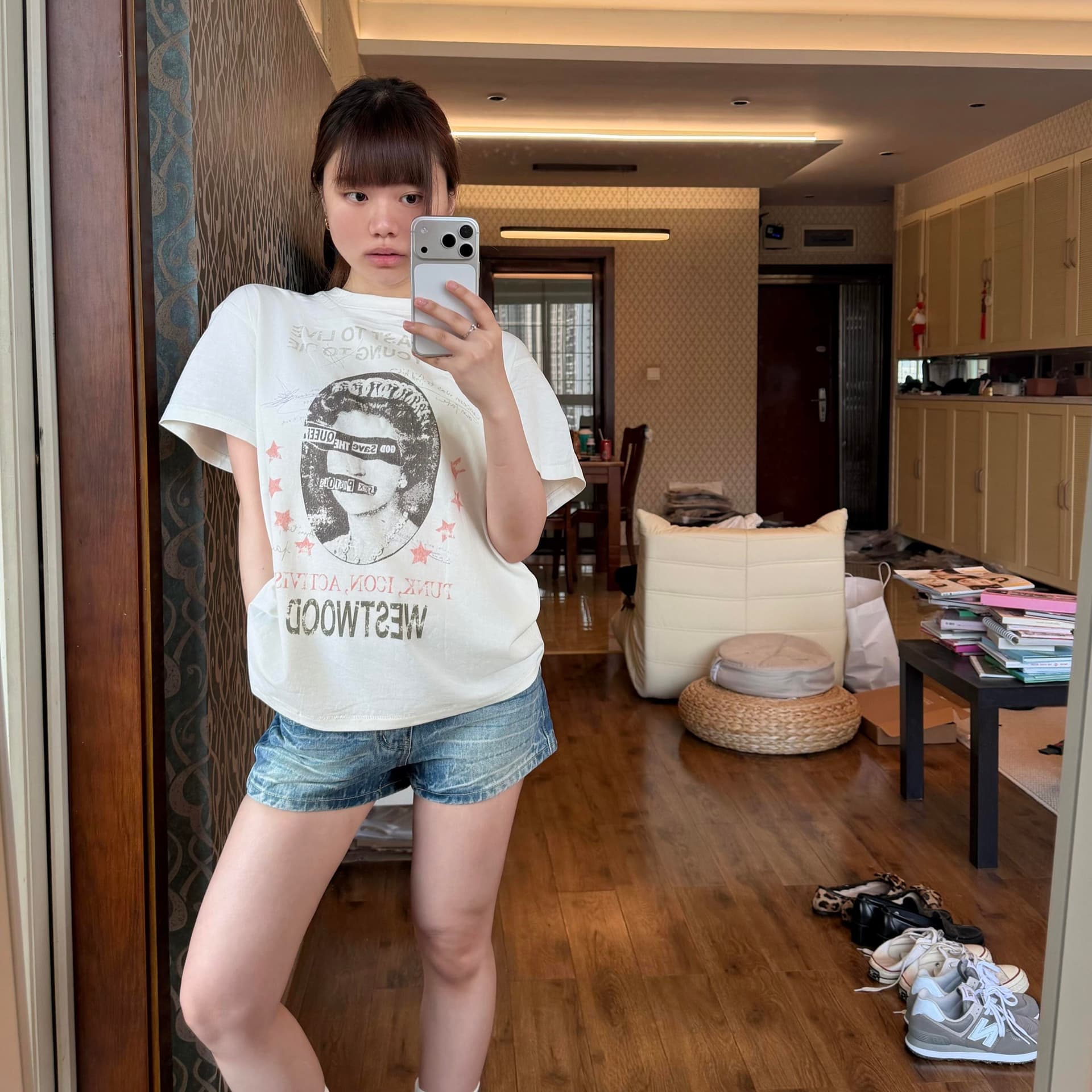 아메리칸 거리 밴드 표지 프린트 화이트 반팔 티셔츠 여성 여름 웃음 하 트렌드 무거운 루즈핏 다용도 맨위 이미지 5