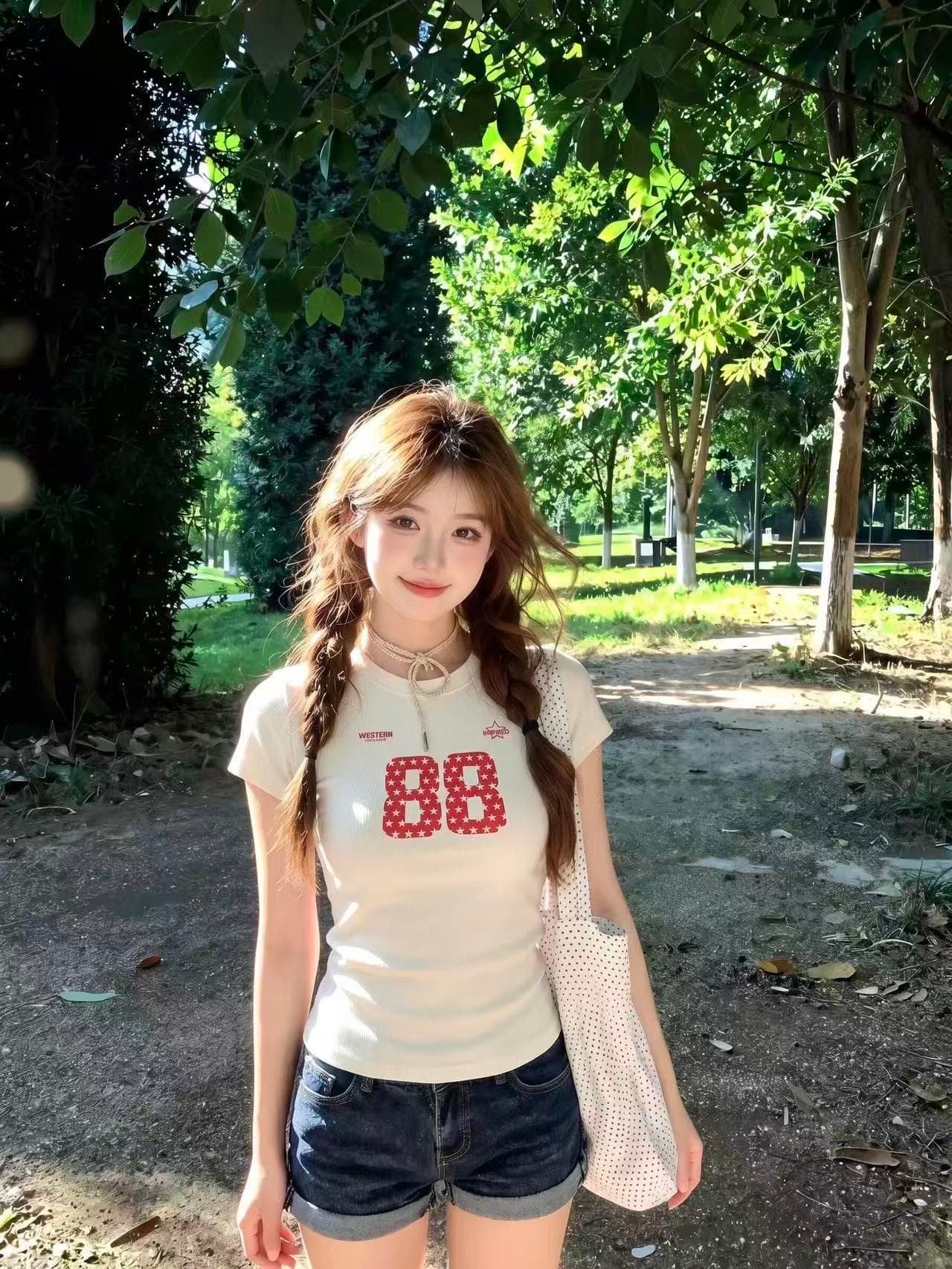 아메리칸 작은 키 여름 알파벳 프린트 순면 긍정적 인 어깨 반팔 티셔츠 여성 루즈핏 다용도 학생 맨위 이미지 2