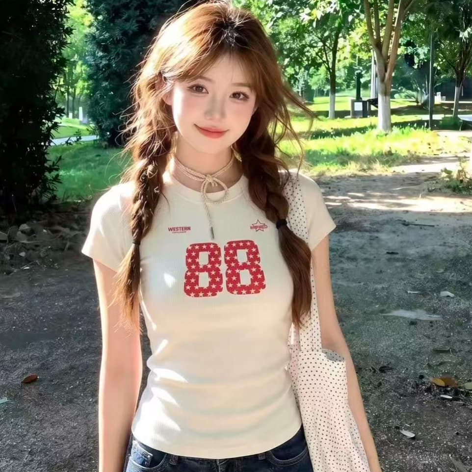아메리칸 작은 키 여름 알파벳 프린트 순면 긍정적 인 어깨 반팔 티셔츠 여성 루즈핏 다용도 학생 맨위 상세 이미지 1