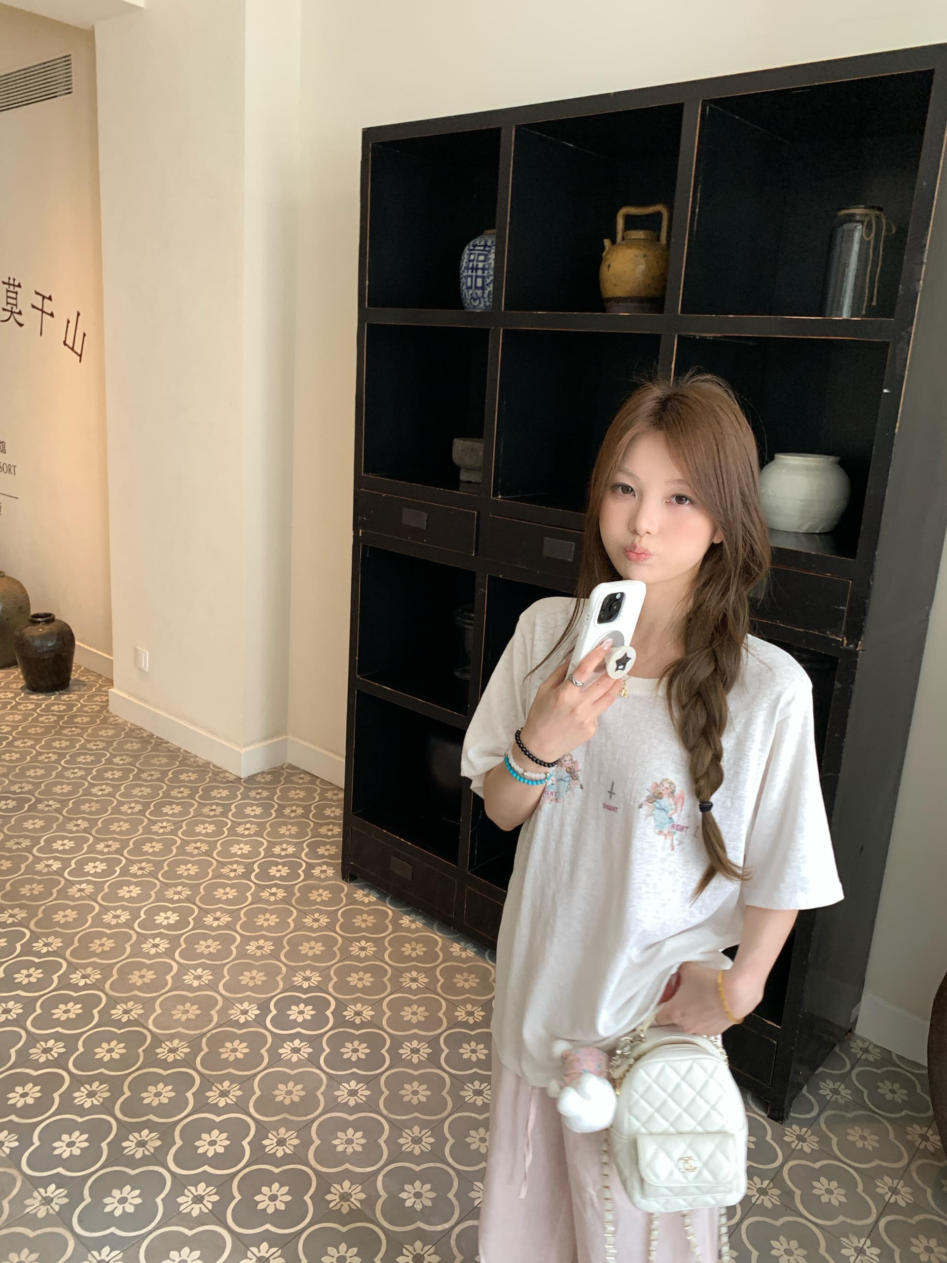 여름 천사 프린트 화이트 눈꽃 면 반팔 티셔츠 여성 얇은 스타일 마이크로 ~을 통해 루즈핏 느긋한 바람 맨위 디자인 센스 이미지 3