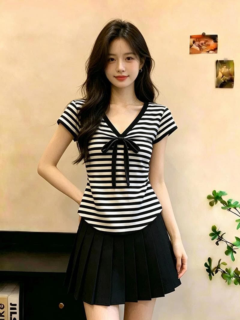 프랑스식 순수한 욕망 바람 배색 스트라이프 나비 넥타이 반팔 티셔츠 여성 여름 새로운 품격 연령 감소 맨위 트렌디 상세 이미지 5