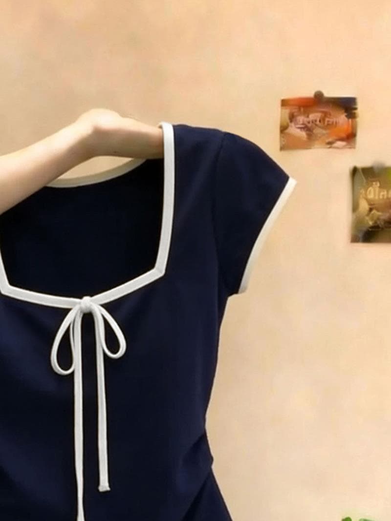 아메리칸 나비 넥타이 반팔 티셔츠 여성 배색 광장 칼라 작은 대중 디자인 센스 품격 다용도 연령 감소 맨위 트렌디 이미지 4