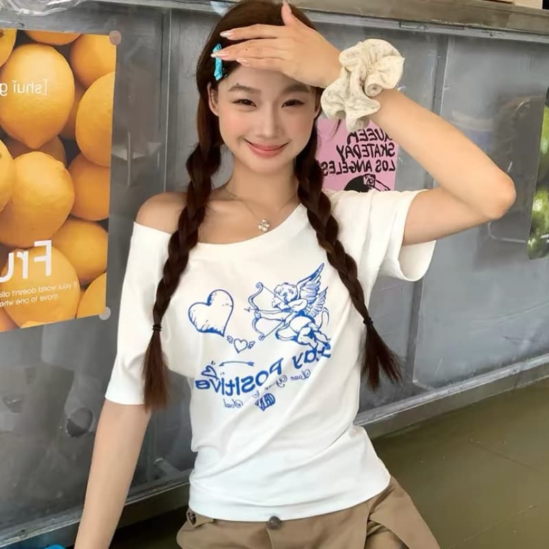 한 부서 미니멀리즘 달콤한 핫걸 바람 비스듬한 어깨 반팔 티셔츠 여성 여름 새로운 몸매 가꾸기 슬림해 보이는 품격 맨위 여성 트렌디 ins 상세 이미지 1