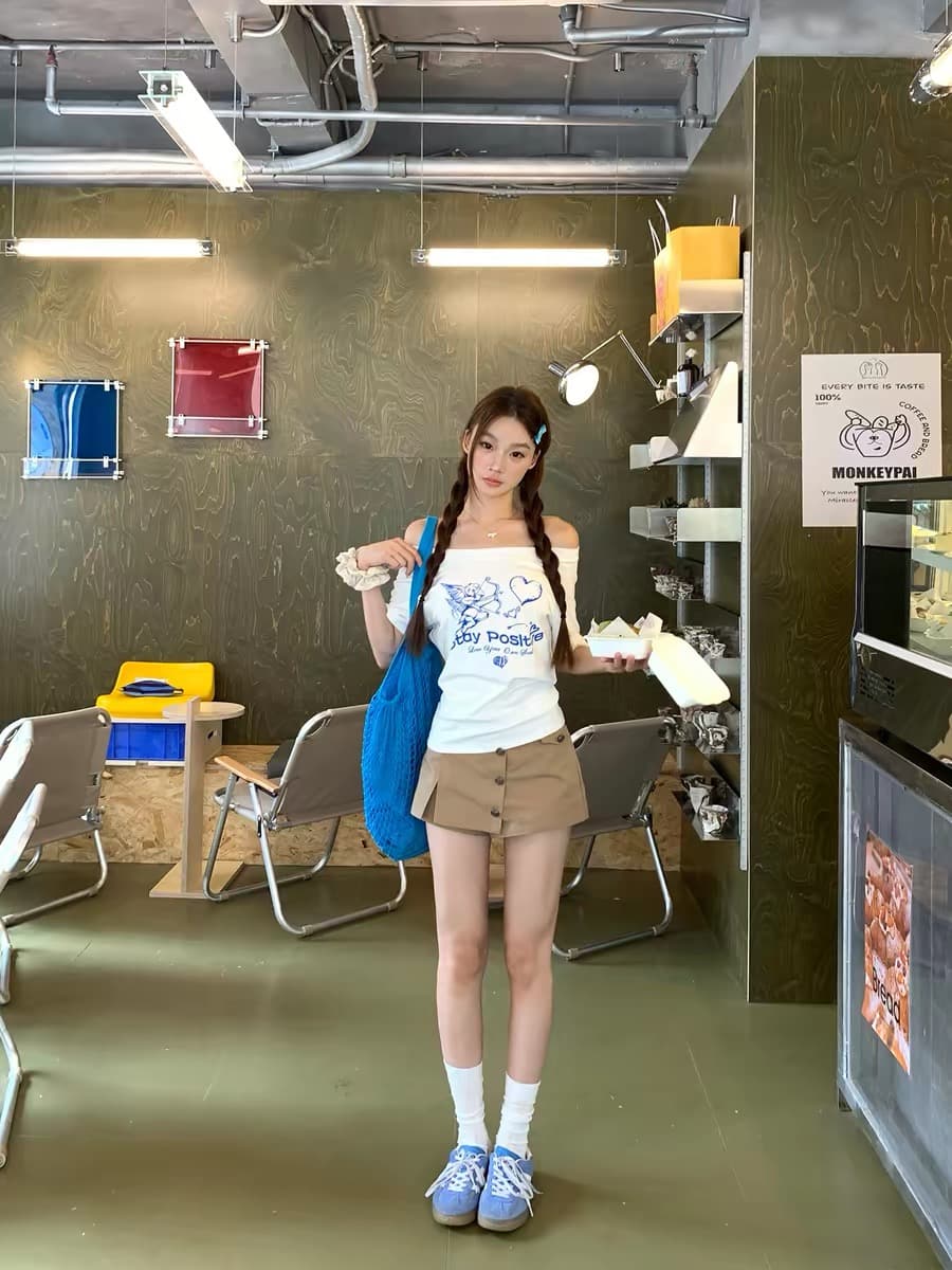 한 부서 미니멀리즘 달콤한 핫걸 바람 비스듬한 어깨 반팔 티셔츠 여성 여름 새로운 몸매 가꾸기 슬림해 보이는 품격 맨위 여성 트렌디 ins 상세 이미지 2