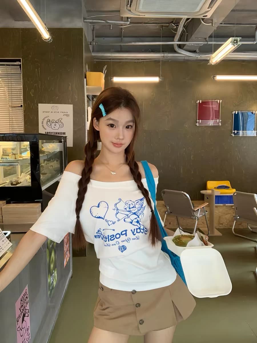 한 부서 미니멀리즘 달콤한 핫걸 바람 비스듬한 어깨 반팔 티셔츠 여성 여름 새로운 몸매 가꾸기 슬림해 보이는 품격 맨위 여성 트렌디 ins 상세 이미지 3