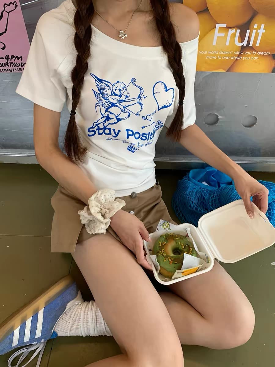 한 부서 미니멀리즘 달콤한 핫걸 바람 비스듬한 어깨 반팔 티셔츠 여성 여름 새로운 몸매 가꾸기 슬림해 보이는 품격 맨위 여성 트렌디 ins 상세 이미지 4
