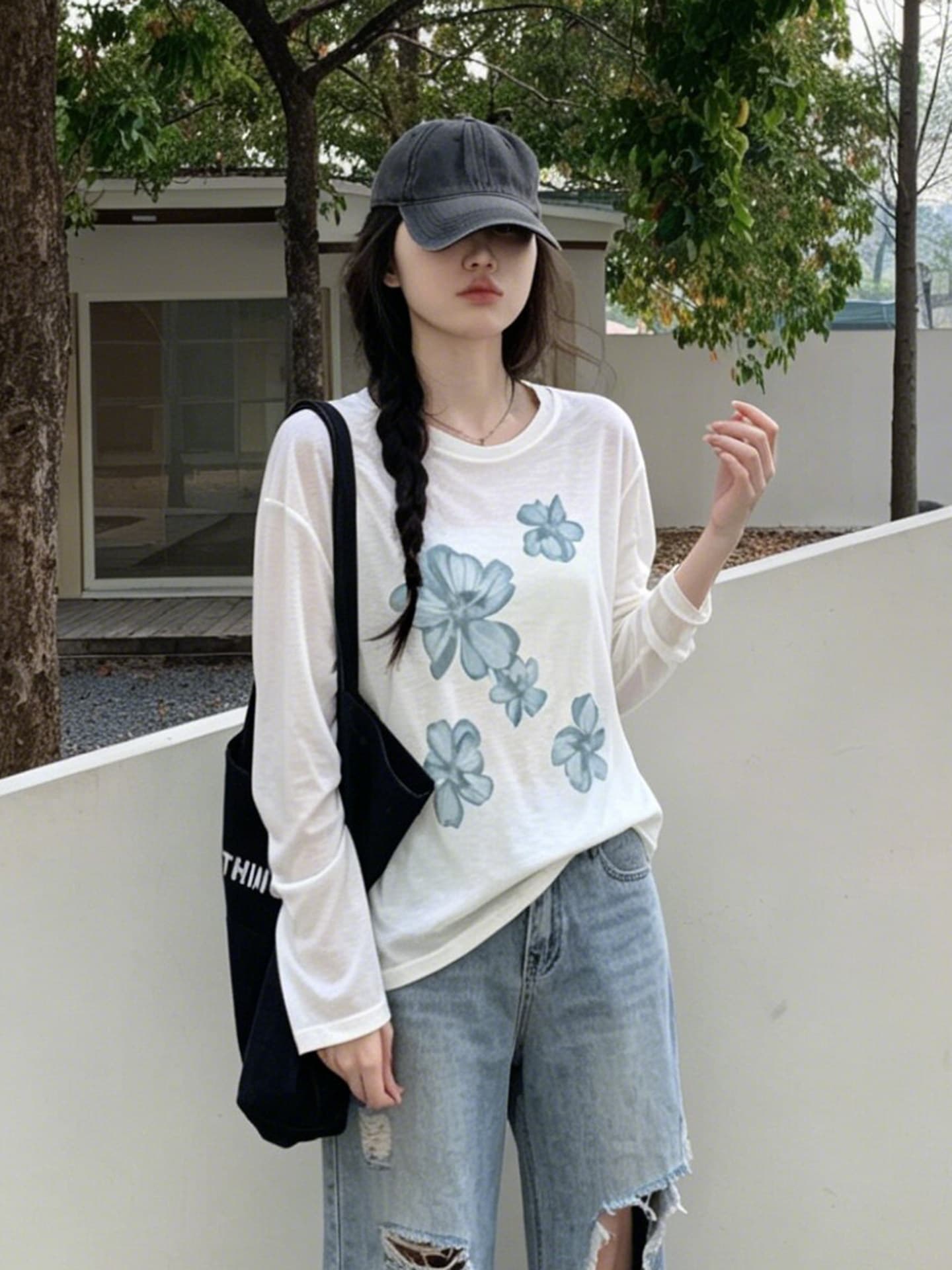 느긋한 프린트 라운드 넥 작은 셔츠 여성 여름 루즈핏 슬림해 보이는 한 부서 자외선 차단 블라우스 맨위 이미지 2