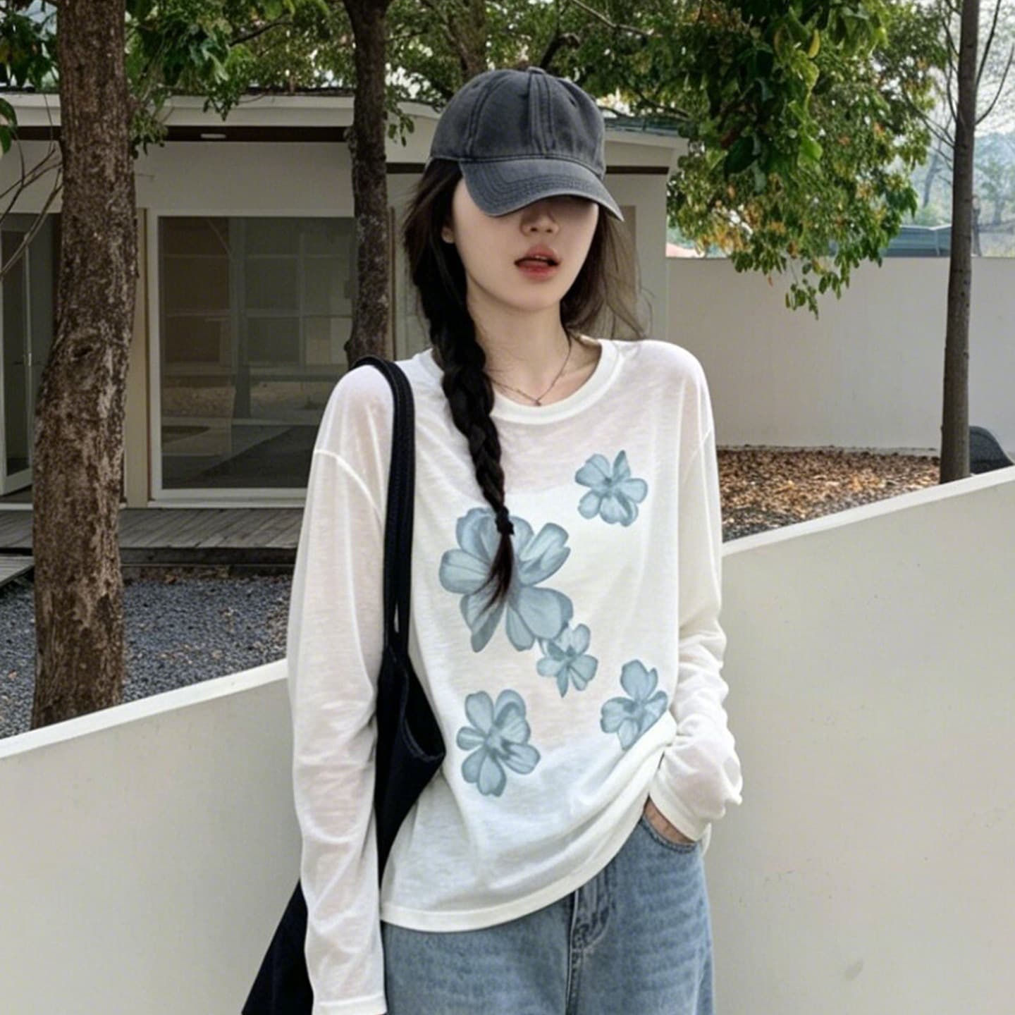 느긋한 프린트 라운드 넥 작은 셔츠 여성 여름 루즈핏 슬림해 보이는 한 부서 자외선 차단 블라우스 맨위 이미지 5