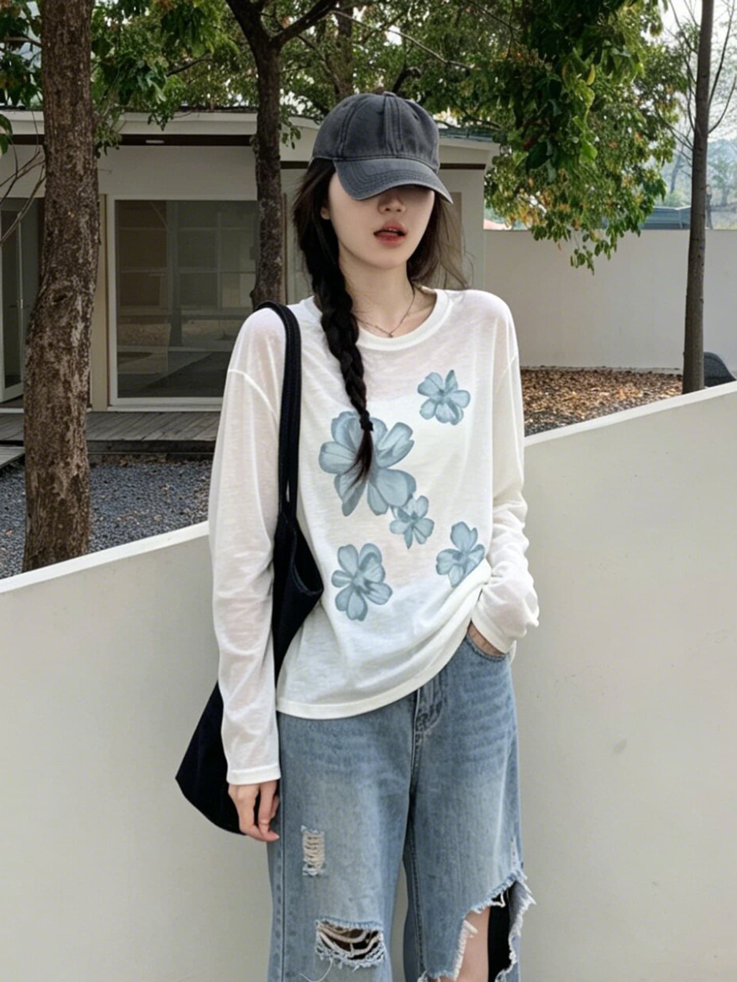 느긋한 프린트 라운드 넥 작은 셔츠 여성 여름 루즈핏 슬림해 보이는 한 부서 자외선 차단 블라우스 맨위 상세 이미지 5