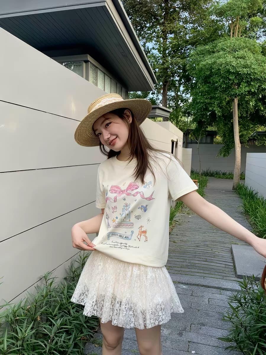 다채로운 정원 프린트 긍정적 인 어깨 소매 티셔츠 여성 여름 새로운 루즈핏 슬림해 보이는 작은 키 맨위 이미지 4