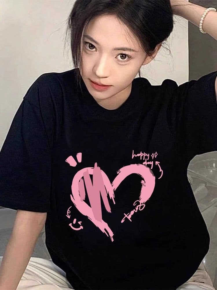 하트 검정색 긍정적 인 어깨 반팔 여성 티셔츠 여름 마이크로 지방 슬림해 보이는 무거운 순면 반소매 빅 사이즈 아메리칸 루즈핏 맨위 이미지 3
