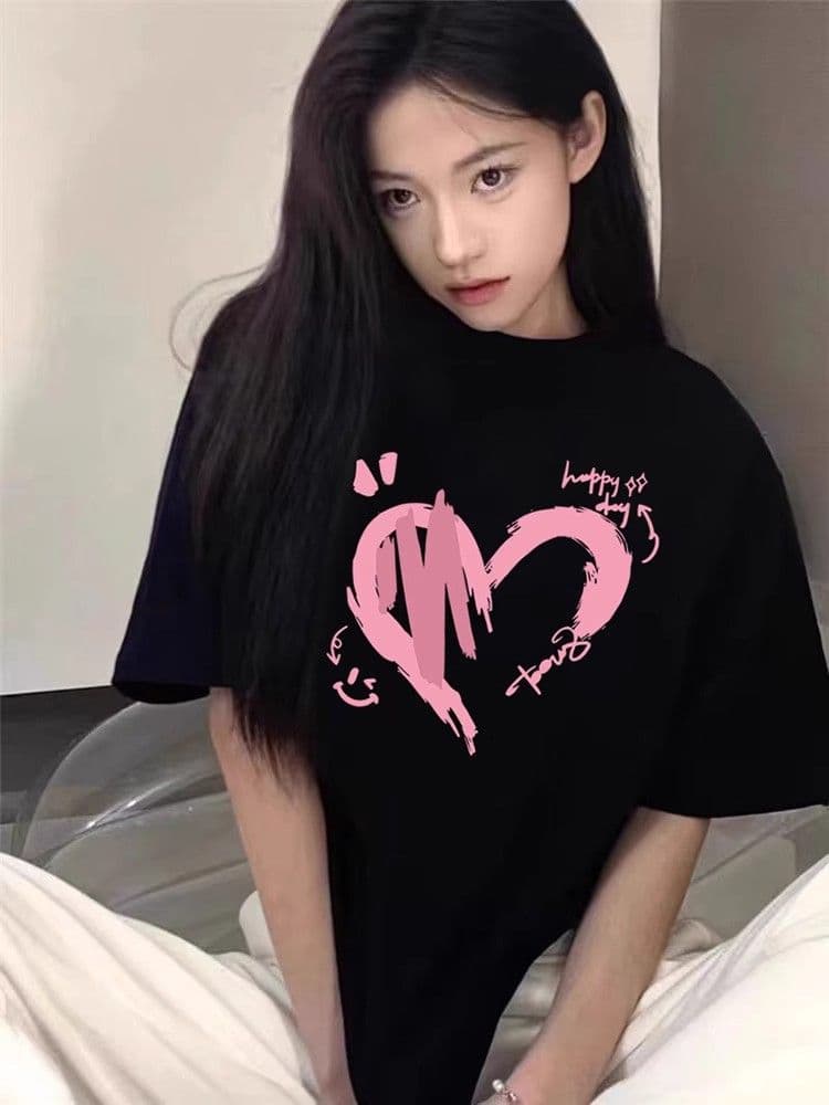 하트 검정색 긍정적 인 어깨 반팔 여성 티셔츠 여름 마이크로 지방 슬림해 보이는 무거운 순면 반소매 빅 사이즈 아메리칸 루즈핏 맨위 이미지 2