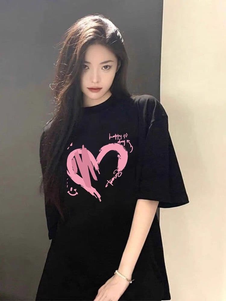 하트 검정색 긍정적 인 어깨 반팔 여성 티셔츠 여름 마이크로 지방 슬림해 보이는 무거운 순면 반소매 빅 사이즈 아메리칸 루즈핏 맨위 상세 이미지 4