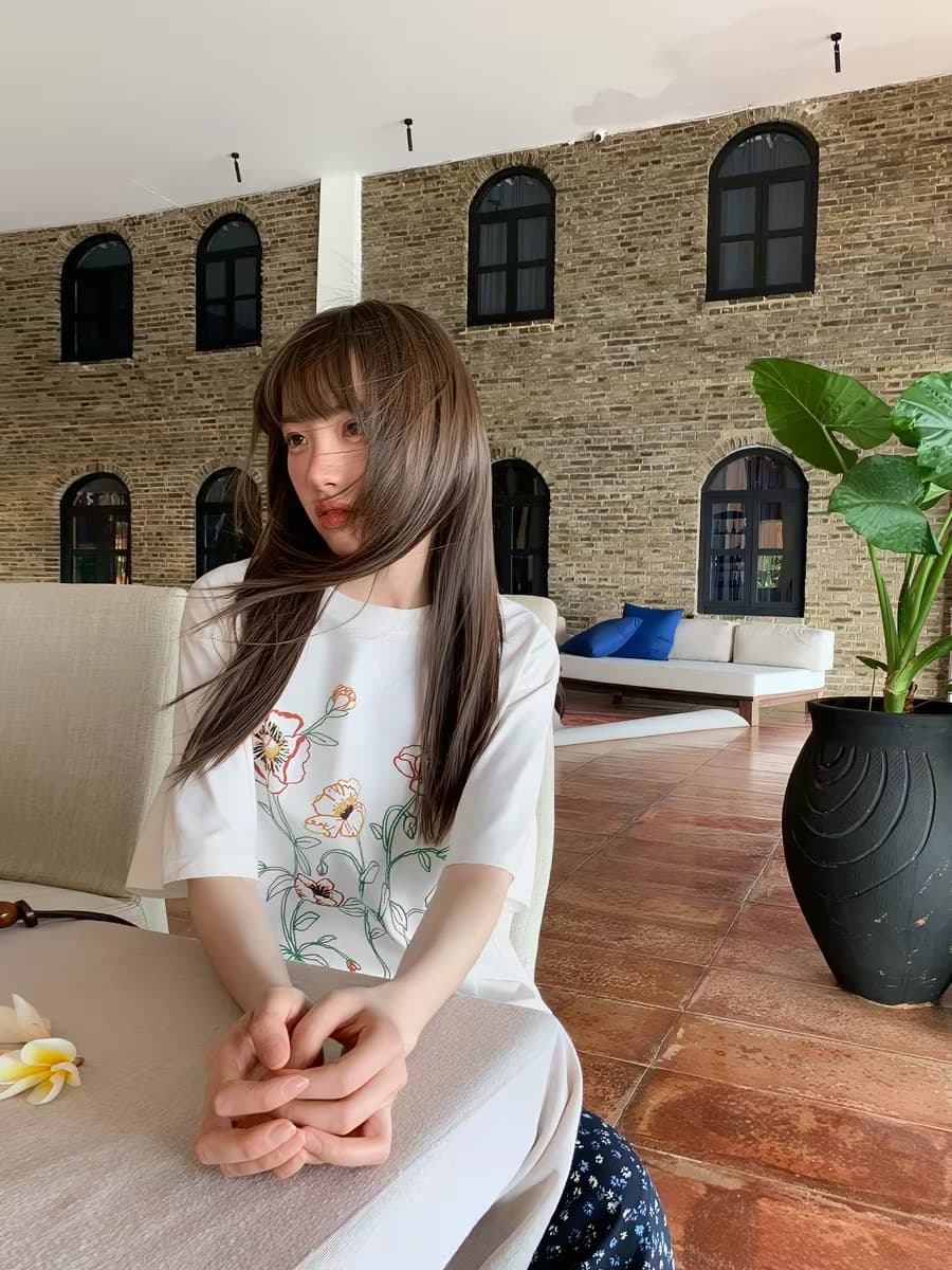 한 부서 루즈핏 낙서 디자인 센스 작은 대중 프린트 라운드 넥 반팔 티셔츠 여성 여름 얇은 스타일 달콤함 살구 색상 맨위 이미지 2