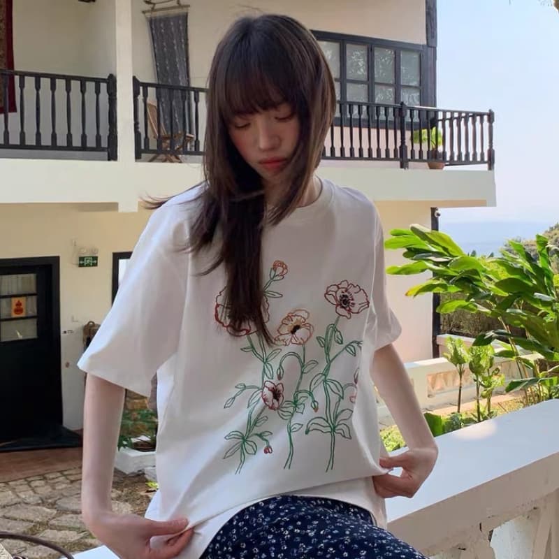 한 부서 루즈핏 낙서 디자인 센스 작은 대중 프린트 라운드 넥 반팔 티셔츠 여성 여름 얇은 스타일 달콤함 살구 색상 맨위 상세 이미지 1
