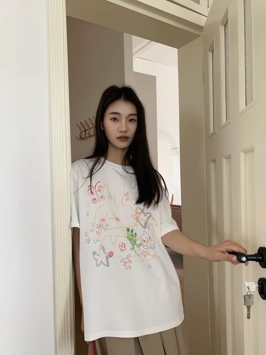 재미있는 프린트 반팔 티셔츠 여성 여름 새로운 루즈핏 슬림해 보이는 작은 키 동정 맨위 상세 이미지 2