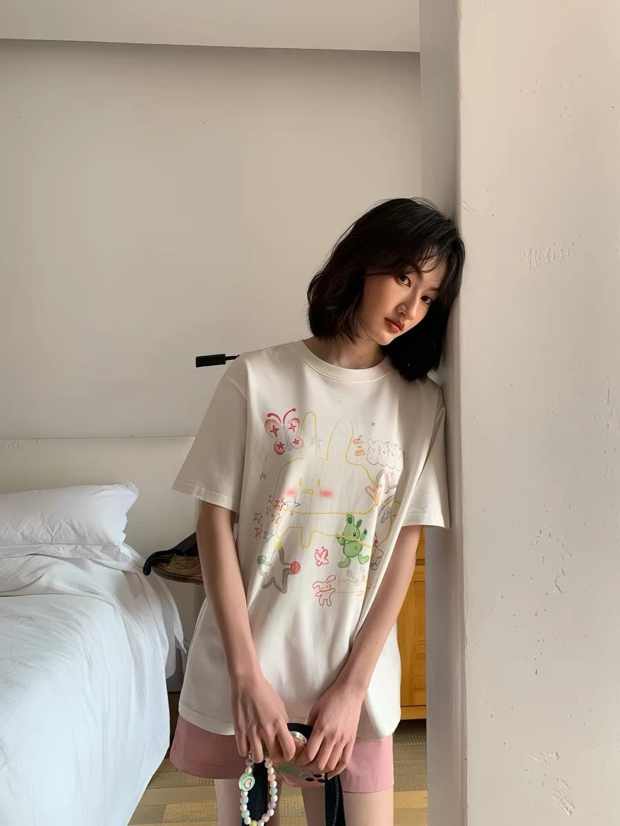 재미있는 프린트 반팔 티셔츠 여성 여름 새로운 루즈핏 슬림해 보이는 작은 키 동정 맨위 상세 이미지 3