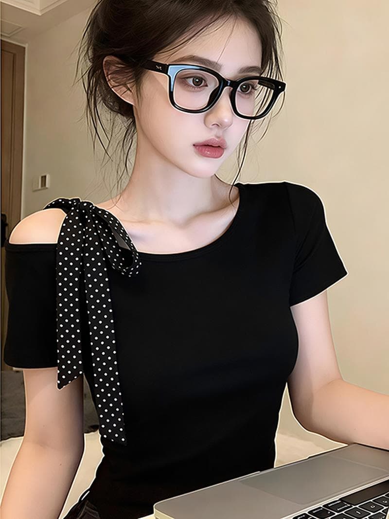 한 부서 패션 나비 매듭 비스듬한 칼라 반팔 티셔츠 여성 여름 작은 키 핫걸 바람 슬림해 보이는 허리 수축 오프숄더 맨위