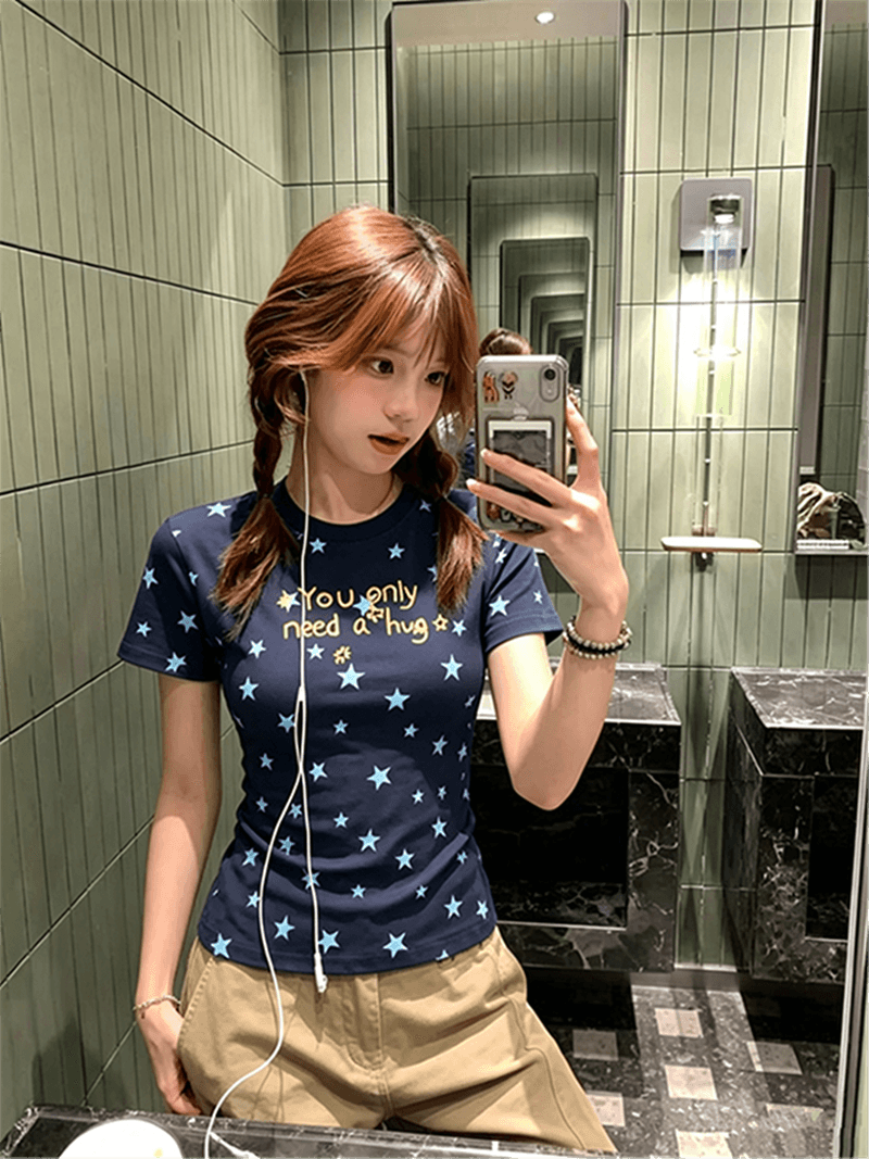 아메리칸 한 부서 달콤함 별 전체 인쇄 알파벳 긍정적 인 어깨 반팔 티셔츠 여성 여름 핫걸 몸매 가꾸기 해군 맨위 상세 이미지 4
