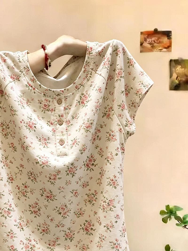 폭발 여성 의류 아메리칸 새로운 반팔 티셔츠 순수한 욕망 달콤함 몸매 가꾸기 슬림해 보이는 꽃무늬 맨위 이미지 3