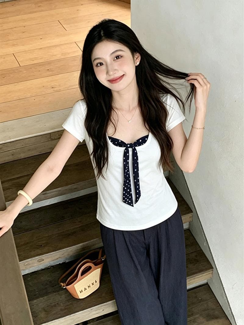 여름 자이언트 잘 생긴 나비 매듭 같이 갔다. 벨트 측면 칼라 긍정적 인 어깨 반팔 티셔츠 여성 디자인 센스 몸매 가꾸기 쇼트 스타일 다용도 맨위 이미지 4