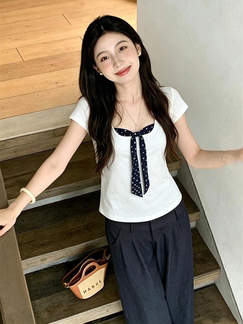 여름 자이언트 잘 생긴 나비 매듭 같이 갔다. 벨트 측면 칼라 긍정적 인 어깨 반팔 티셔츠 여성 디자인 센스 몸매 가꾸기 쇼트 스타일 다용도 맨위 상세 이미지 2