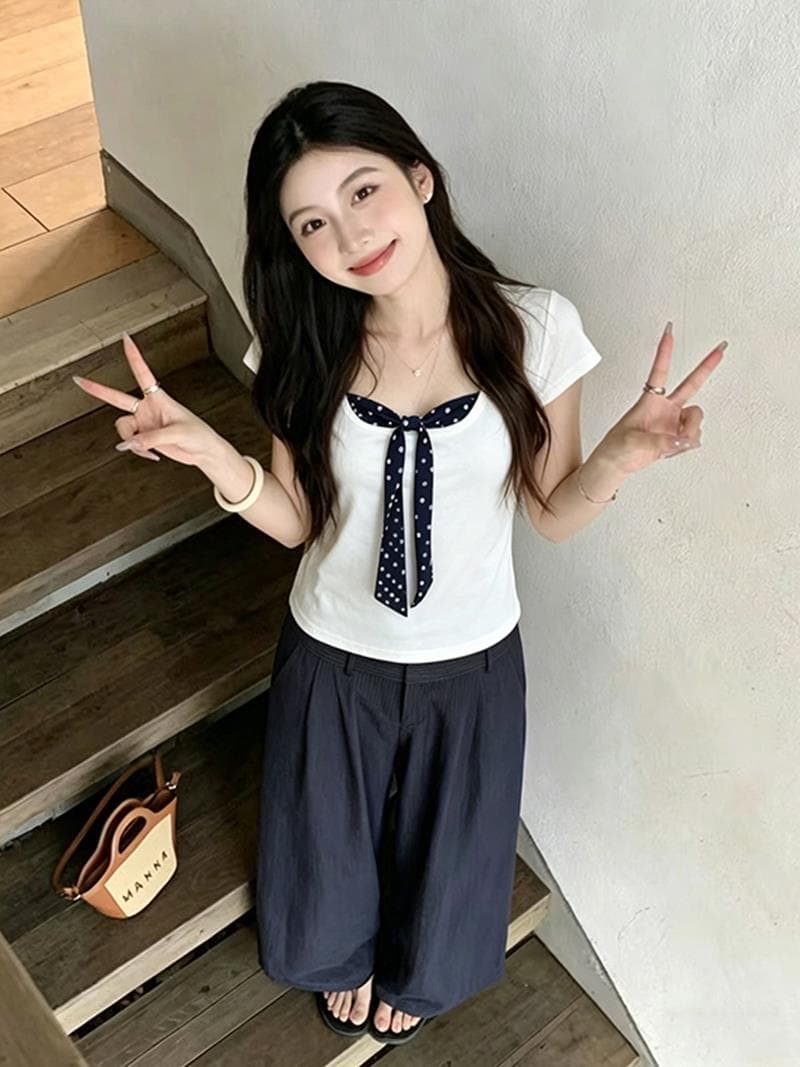 여름 자이언트 잘 생긴 나비 매듭 같이 갔다. 벨트 측면 칼라 긍정적 인 어깨 반팔 티셔츠 여성 디자인 센스 몸매 가꾸기 쇼트 스타일 다용도 맨위 상세 이미지 4