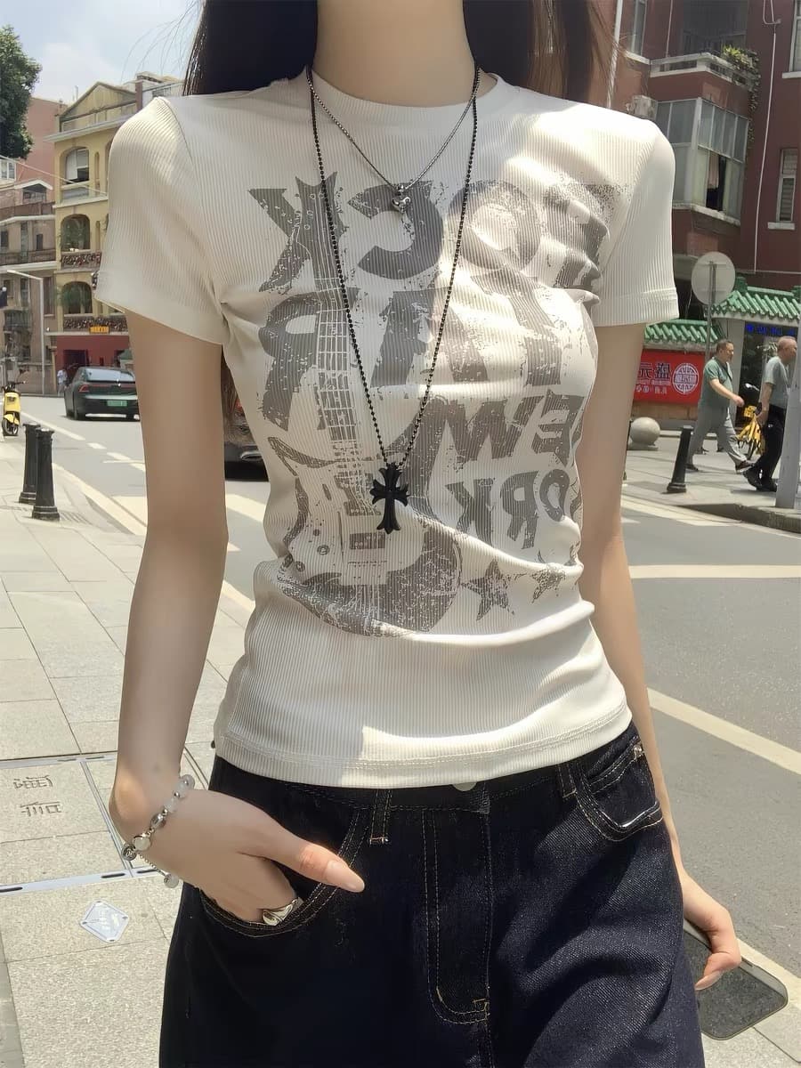 아메리칸 레트로 신분증 얼룩덜룩 한 마 오래된 프린트 반팔 티셔츠 여성 몸매 가꾸기 슬림해 보이는 핫걸 맨위 이미지 4