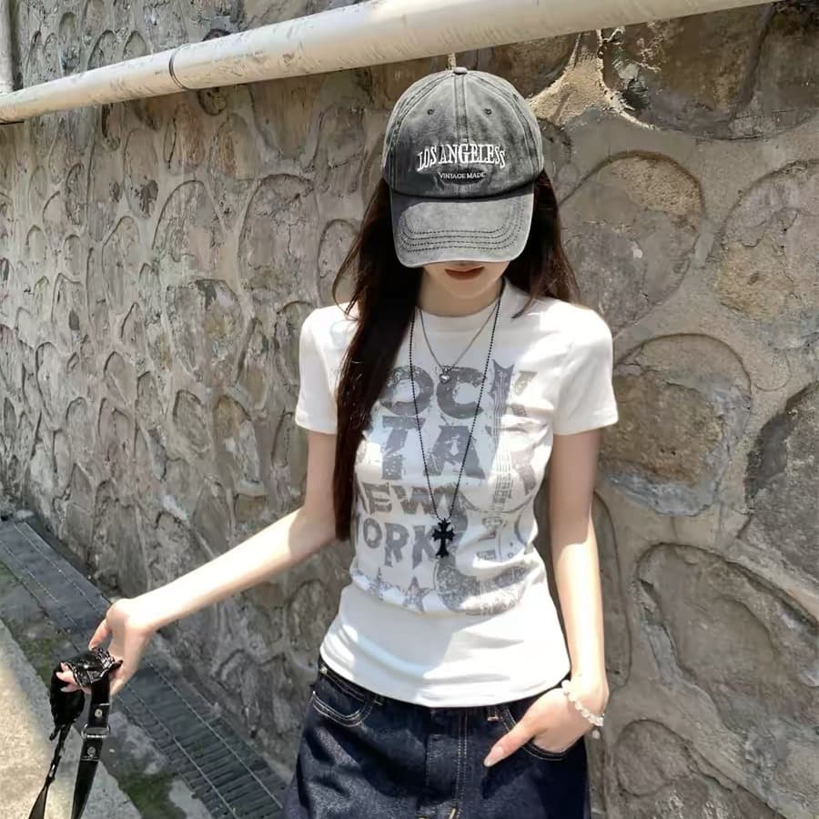 아메리칸 레트로 신분증 얼룩덜룩 한 마 오래된 프린트 반팔 티셔츠 여성 몸매 가꾸기 슬림해 보이는 핫걸 맨위 이미지 5