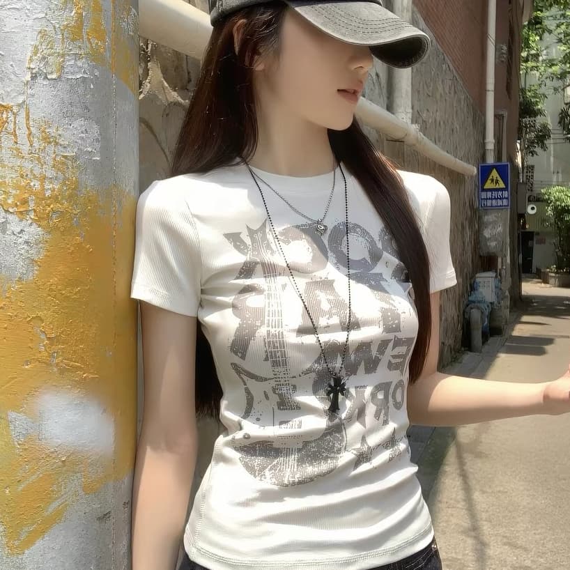 아메리칸 레트로 신분증 얼룩덜룩 한 마 오래된 프린트 반팔 티셔츠 여성 몸매 가꾸기 슬림해 보이는 핫걸 맨위 상세 이미지 1