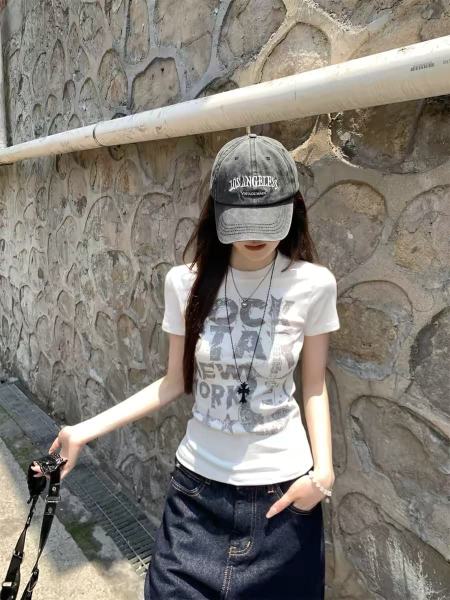 아메리칸 레트로 신분증 얼룩덜룩 한 마 오래된 프린트 반팔 티셔츠 여성 몸매 가꾸기 슬림해 보이는 핫걸 맨위 상세 이미지 2