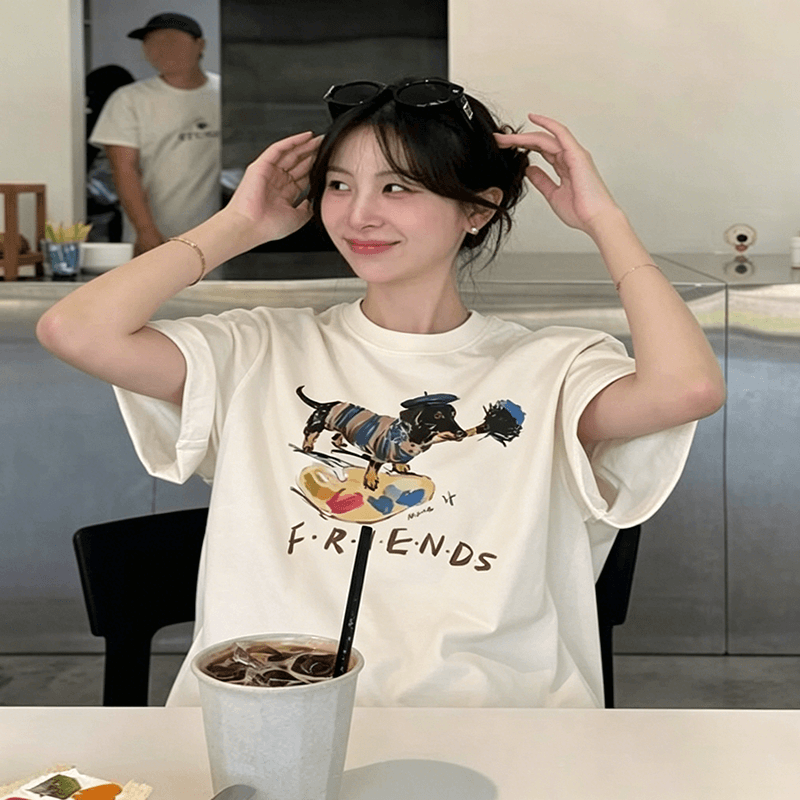 닥스 훈트 프린트 루즈핏 느긋한 반팔 티셔츠 여성 여름 다용도 패션 편안함 미니멀리즘 맨위 이미지 2